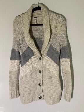 Free People Wool Blend Chevron Chunky Knit Shawl Collar Cardigan XS Oversized